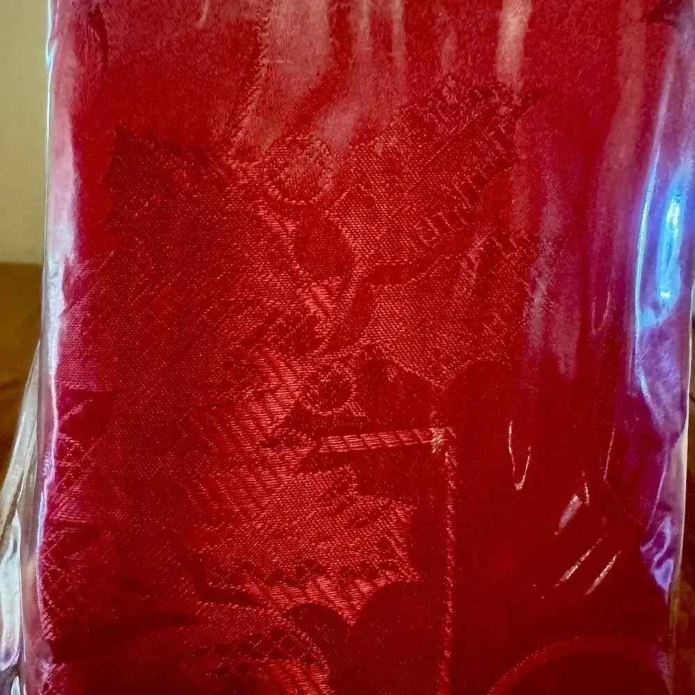 Poinsettia Red Damask Tablecloth Holiday 60x144 Oblong Stain Release NIP